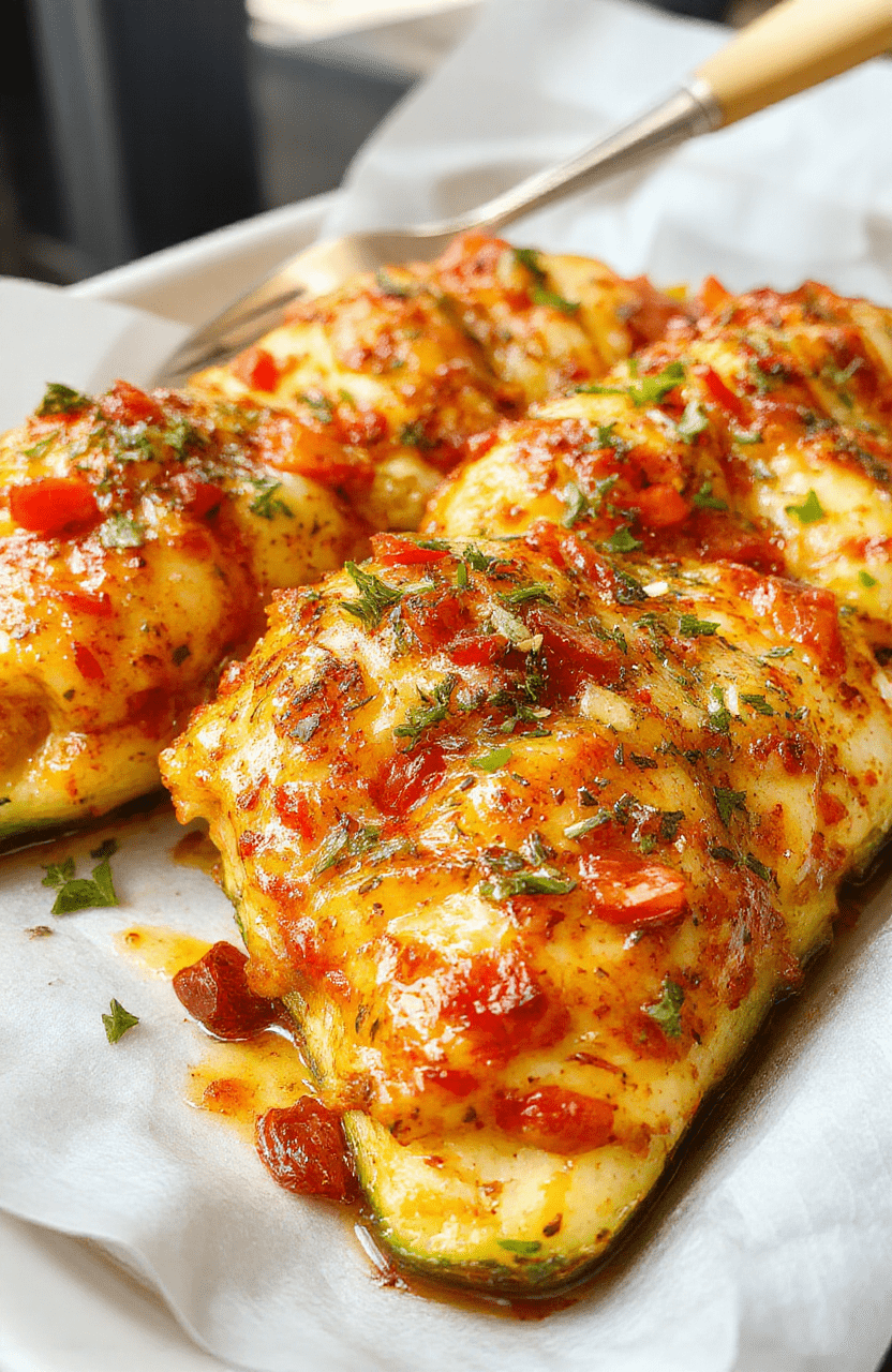 Bunter Teller mit cremigem Paprika-Zucchini-Hähnchen, zartes Hähnchenfleisch in cremiger Soße, umgeben von grünen Zucchinistreifen und roten Paprikawürfeln, alles ansprechend auf einem weißen Teller arrangiert, mit frischen Kräutern garniert