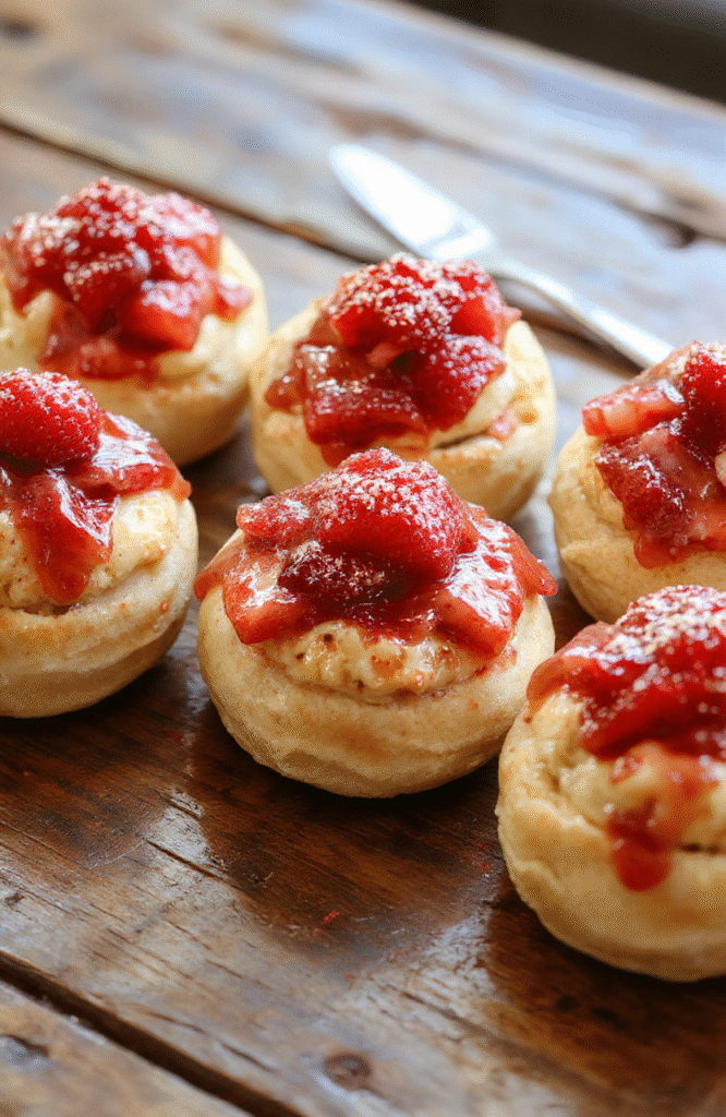Colorful tray of golden caramelized cream puffs filled with fresh bright red strawberries and creamy white filling, garnished with powdered sugar and mint leaves, styled on a rustic wooden table with soft natural light highlighting the textures.