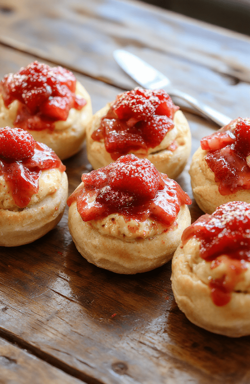 Colorful tray of golden caramelized cream puffs filled with fresh bright red strawberries and creamy white filling, garnished with powdered sugar and mint leaves, styled on a rustic wooden table with soft natural light highlighting the textures.