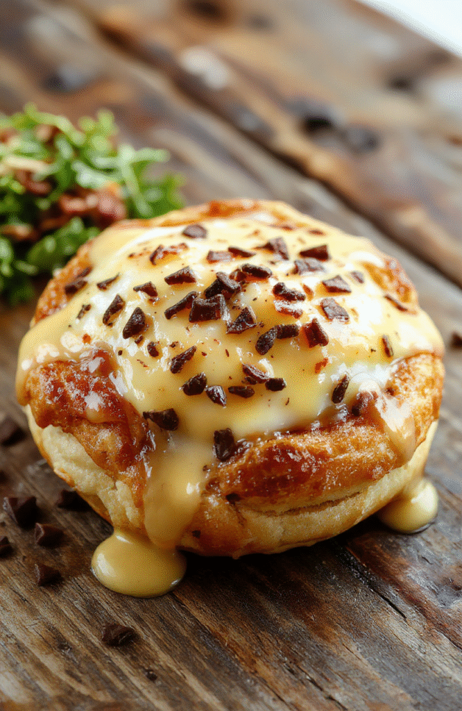 Golden-brown puff pastry topped with melted cheese and a perfectly fried egg, elegantly plated with fresh herbs and a drizzle of béchamel sauce, vibrant colors and crisp textures highlight the savory dish