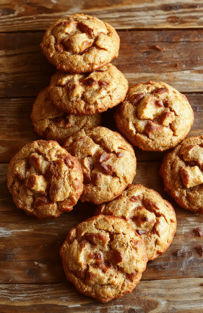 Hellgelbe Apfelkeks mit goldener Kruste, dekorativ auf einem weißen Teller, sichtbar sind Stücke von Apfel und Haferflocken, die Textur wirkt saftig und knusprig, mit einem Hauch Zimt, stilvoll angerichtet mit einem grünen Zweig im Hintergrund