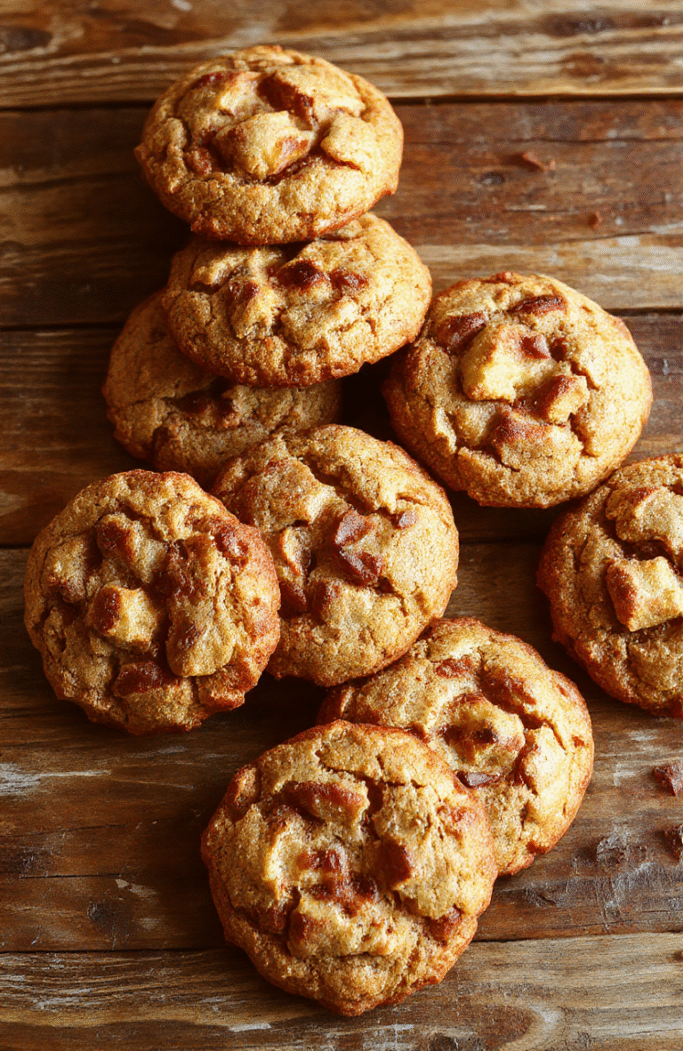 Hellgelbe Apfelkeks mit goldener Kruste, dekorativ auf einem weißen Teller, sichtbar sind Stücke von Apfel und Haferflocken, die Textur wirkt saftig und knusprig, mit einem Hauch Zimt, stilvoll angerichtet mit einem grünen Zweig im Hintergrund