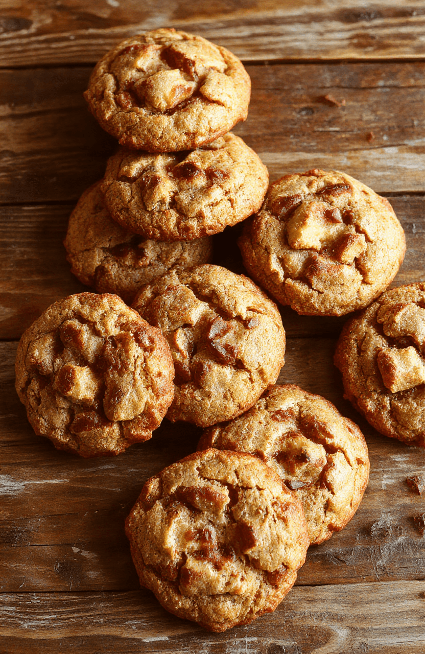 Hellgelbe Apfelkeks mit goldener Kruste, dekorativ auf einem weißen Teller, sichtbar sind Stücke von Apfel und Haferflocken, die Textur wirkt saftig und knusprig, mit einem Hauch Zimt, stilvoll angerichtet mit einem grünen Zweig im Hintergrund