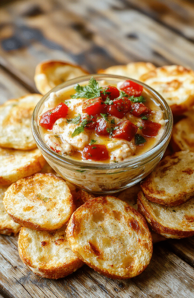 Colorful bruschetta dip served in a clear glass bowl, topped with chopped tomatoes, fresh basil, and drizzled with olive oil, surrounded by slices of toasted baguette on a rustic wooden table, vibrant and fresh textures.