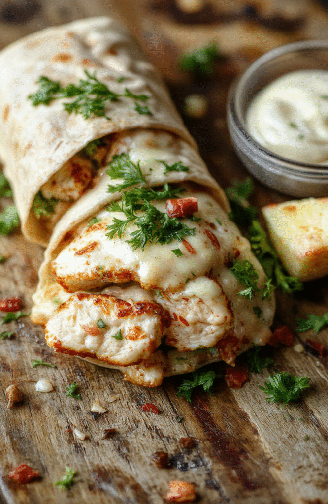 A vibrant chicken Caesar wrap sliced open to reveal tender grilled chicken, crisp romaine lettuce, creamy Caesar dressing, all wrapped in a golden toasted tortilla, beautifully plated with fresh herbs for garnish.