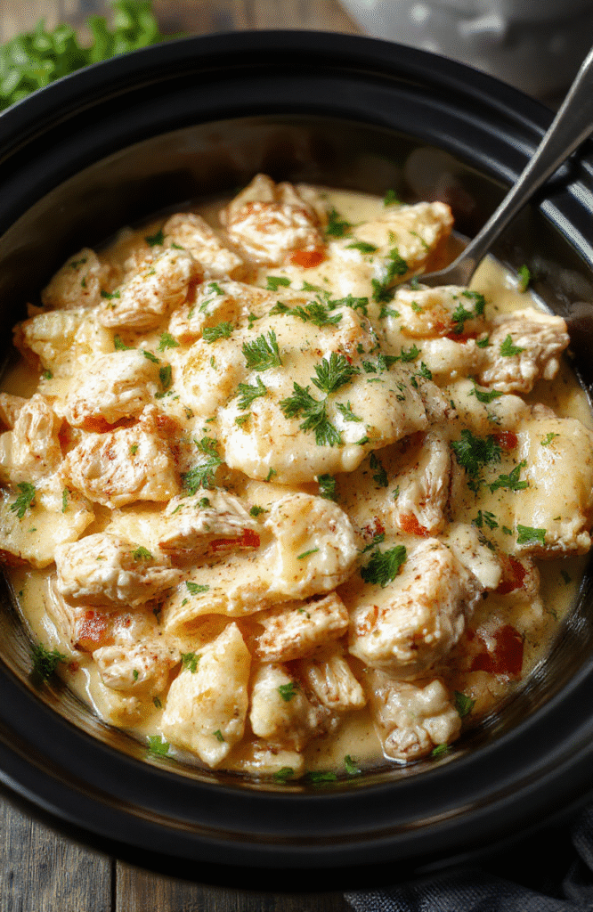 A creamy chicken Alfredo served in a white bowl with fettuccine pasta, shredded chicken, and a rich cheese sauce, garnished with chopped parsley, on a rustic wooden table.