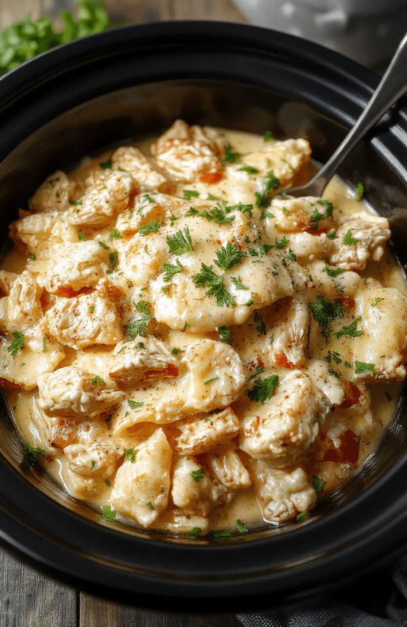 A creamy chicken Alfredo served in a white bowl with fettuccine pasta, shredded chicken, and a rich cheese sauce, garnished with chopped parsley, on a rustic wooden table.