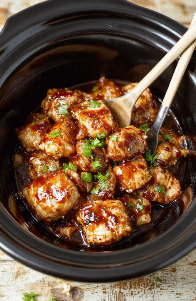 A vibrant bowl of tender shredded chicken glazed with glossy teriyaki sauce, garnished with sesame seeds and chopped green onions, neatly plated on a rustic wooden surface with chopsticks nearby, showcasing a colorful and appetizing Asian-inspired dish.