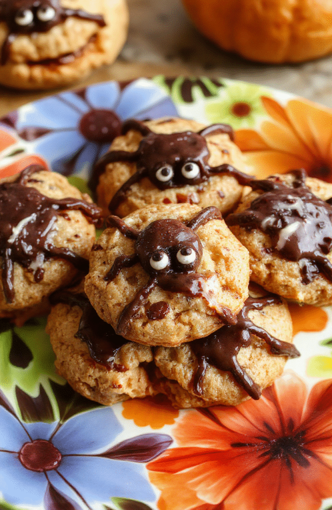 Colorful Halloween-themed spider cookies with glossy chocolate coating, decorated with pretzel legs and candy eyes, arranged on a festive orange plate with pumpkins and autumn leaves in the background.
