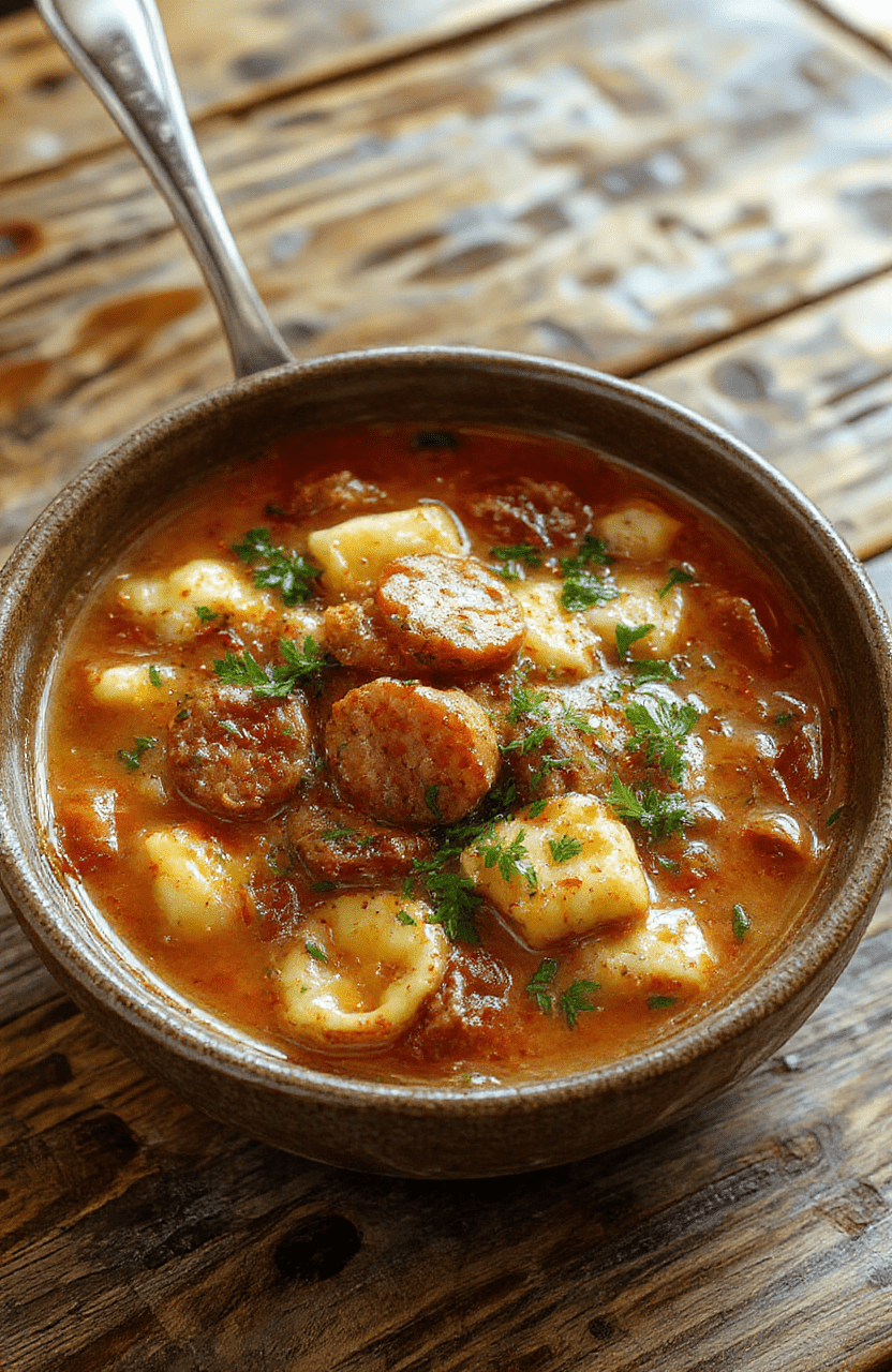 A vibrant bowl of Italian sausage tortellini soup featuring golden-brown sausage pieces, plump tortellini, fresh herbs, and a rich broth, styled with a rustic wooden spoon on a neutral table, with steam rising to highlight the warm, comforting nature of the dish.