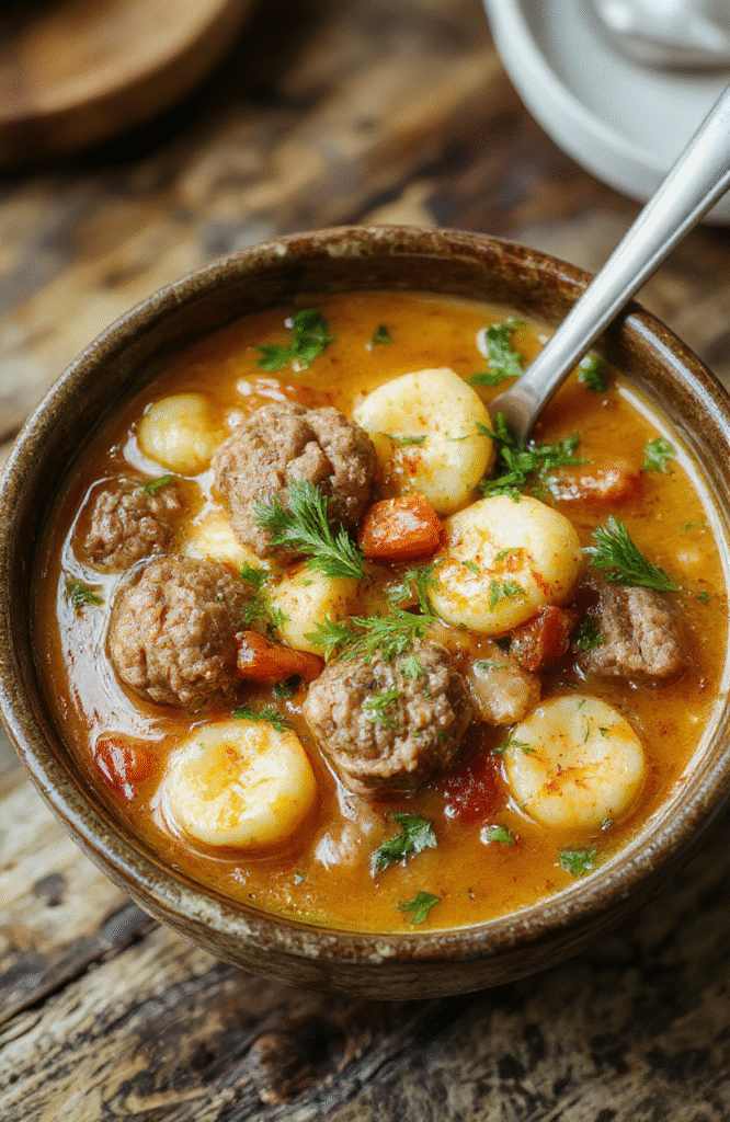 A vibrant bowl of meatball tortellini soup featuring plump meatballs, tortellini pasta, green spinach, and a rich broth, garnished with fresh herbs, styled on a rustic wooden table with a warm, inviting ambiance.