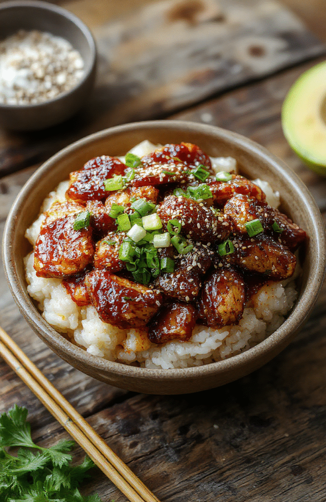 A vibrant sticky chicken rice bowl featuring tender glazed chicken atop fluffy jasmine rice, garnished with green onions and sesame seeds, served in a sleek white bowl on a rustic wooden table with fresh ingredients around.
