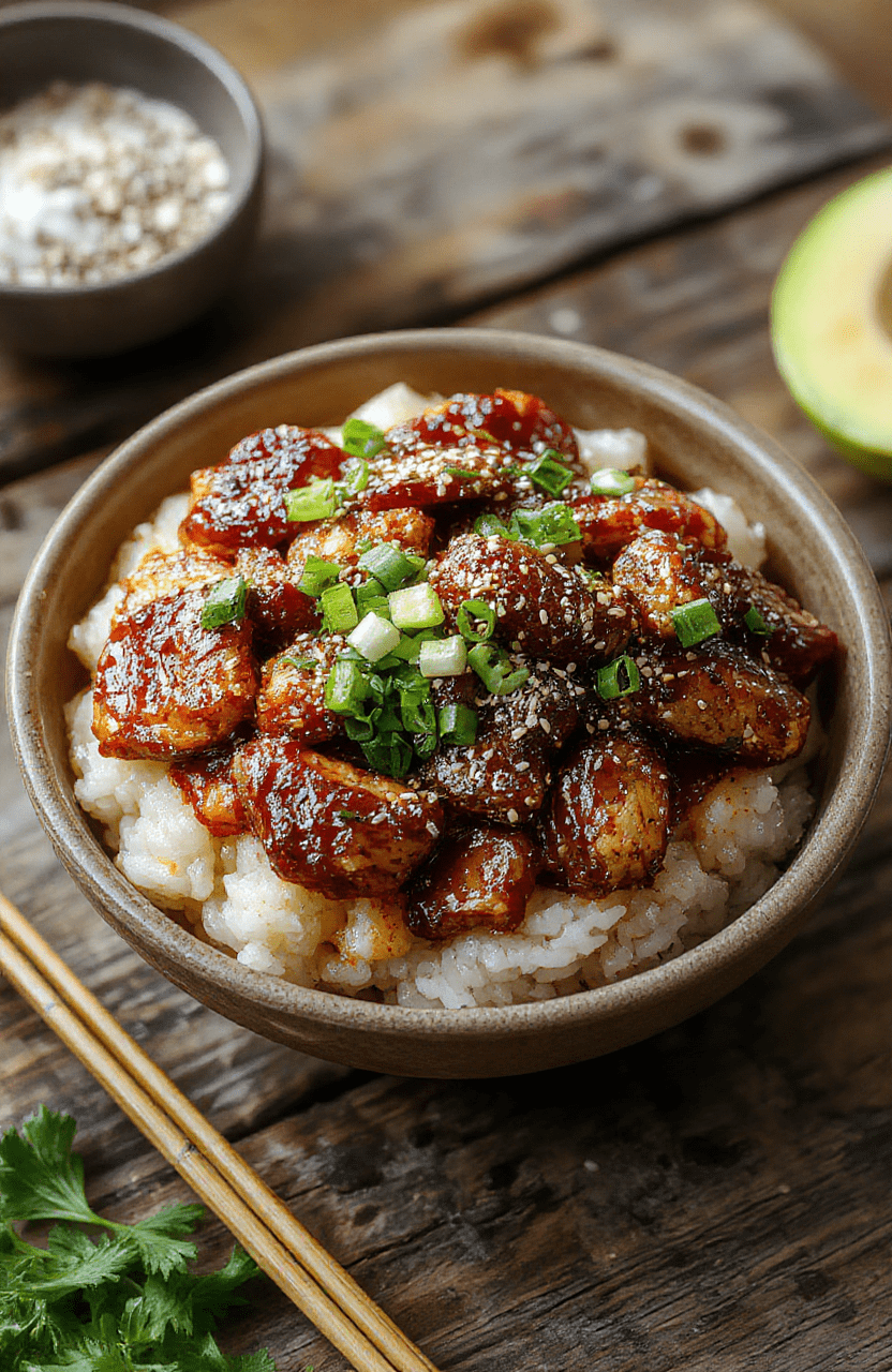 A vibrant sticky chicken rice bowl featuring tender glazed chicken atop fluffy jasmine rice, garnished with green onions and sesame seeds, served in a sleek white bowl on a rustic wooden table with fresh ingredients around.