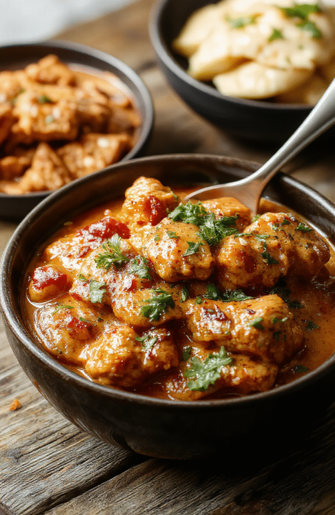 A vibrant bowl of creamy butter chicken with a rich orange sauce, garnished with fresh cilantro, served over fluffy rice on a rustic wooden surface, with a side of naan bread, textured and colorful, styled to highlight the dish's indulgence.