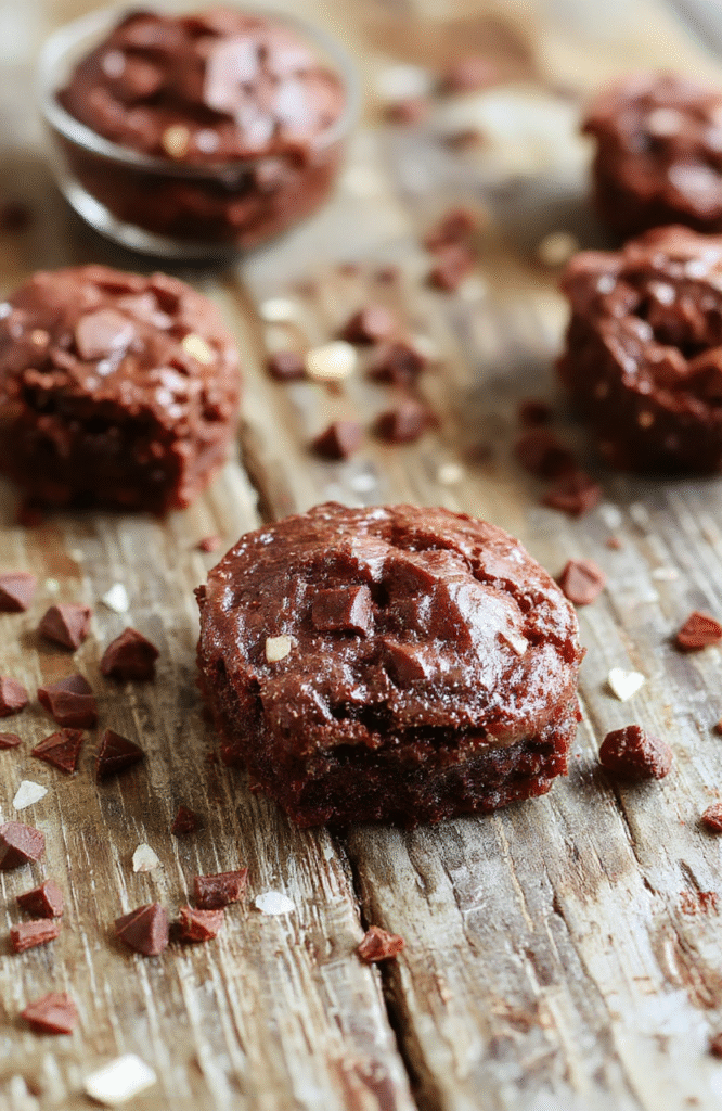 Hellbraune, saftige Brownies auf einem weißen Teller, mit zart schmelzender Schokoladenschicht, die beim Schnitt leicht zerfällt, dekoriert mit wenigen Schokospänen, auf natürlichem Holztisch mit weicher Beleuchtung
