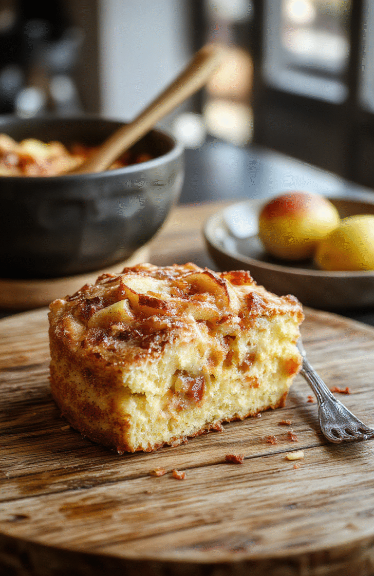 Bunter Apfelkuchen auf einem weißen Teller, goldbraune Kruste, saftige Apfelscheiben in der Mitte, umgeben von Zimt und Puderzucker, perfekt angerichtet mit einem frischen Apfel als Dekoration, im natürlichen Licht, stilvoll und einladend.