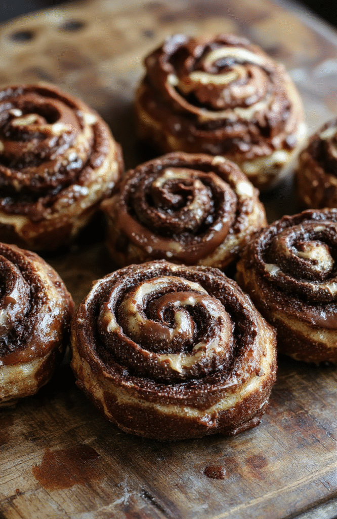 Frische, goldbraune Schokobrötchen, auf einem rustikalen Holzbrett angerichtet, mit zart schmelzender Schokoladenfüllung, leicht glasierter Oberfläche, appetitlich, perfekt gebacken, umgeben von Kakaosplittern und einem grünen Tuch für natürlichen Stil