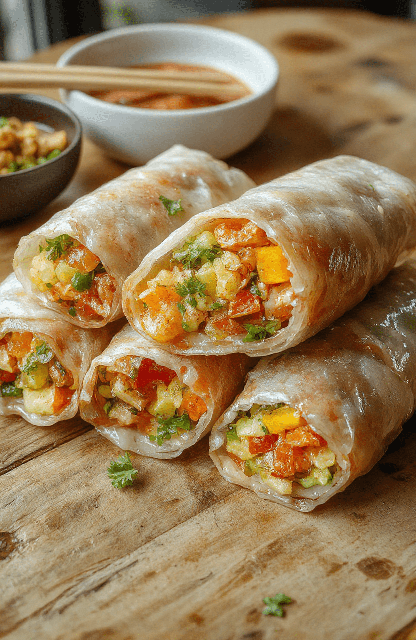 Bunte Sommerrollen gefüllt mit frischem Gemüse, Kräutern und Götterspeise, elegant auf einer weißen Schieferplatte angerichtet, mit cremigem Erdnussdip daneben, helles Licht, natürliche Farben, appetitlich und frisch