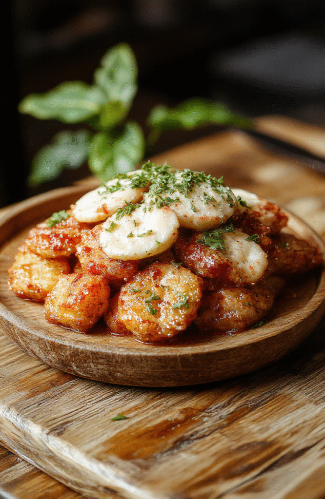Bunte Darstellung des Feuerwerks Hähnchen Pfannengerichts auf einem rustikalen Holzteller, mit saftigen, gebratenen Hähnchenstücken, knusprigen Gemüse und einer würzigen Sauce, alles glänzend und appetitlich glasiert, mit frischen Grün- und roten Akzenten