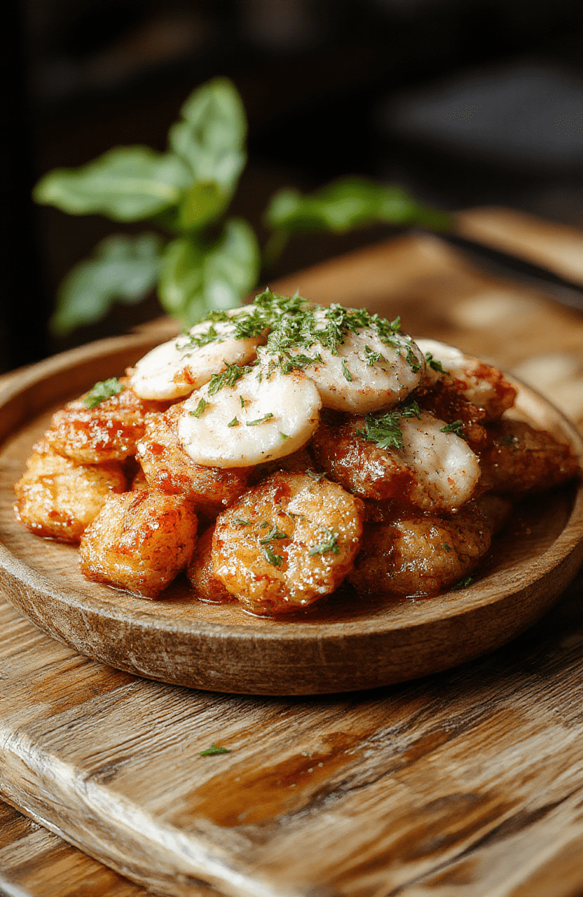 Bunte Darstellung des Feuerwerks Hähnchen Pfannengerichts auf einem rustikalen Holzteller, mit saftigen, gebratenen Hähnchenstücken, knusprigen Gemüse und einer würzigen Sauce, alles glänzend und appetitlich glasiert, mit frischen Grün- und roten Akzenten