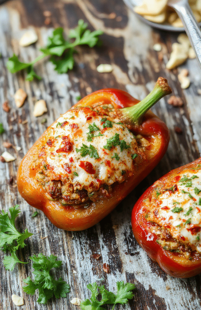 Colorful stuffed bell peppers on a white plate, filled with seasoned ground beef and rice, topped with melted cheese, garnished with parsley, served with a side salad. Vibrant red, yellow, and green peppers with a rustic wooden background, natural daylight, highlighting textures and freshness.