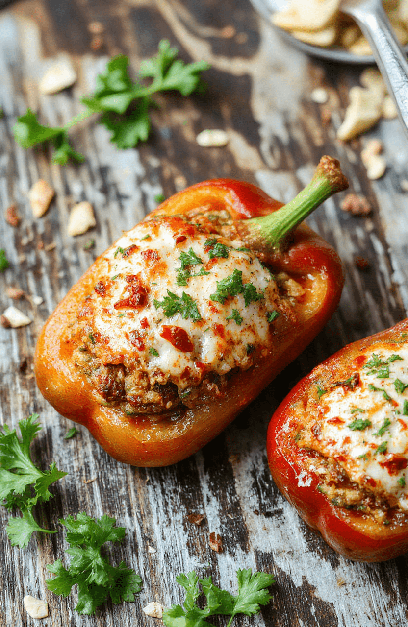 Colorful stuffed bell peppers on a white plate, filled with seasoned ground beef and rice, topped with melted cheese, garnished with parsley, served with a side salad. Vibrant red, yellow, and green peppers with a rustic wooden background, natural daylight, highlighting textures and freshness.