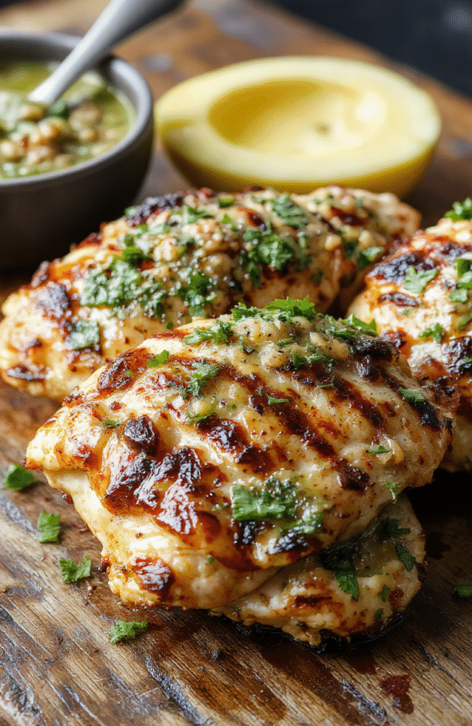 Colorful grilled chicken topped with vibrant salsa verde and melted pepper jack cheese, plated on a rustic wooden surface with fresh herbs and lime wedges, showcasing juicy textures and lively garnishes.