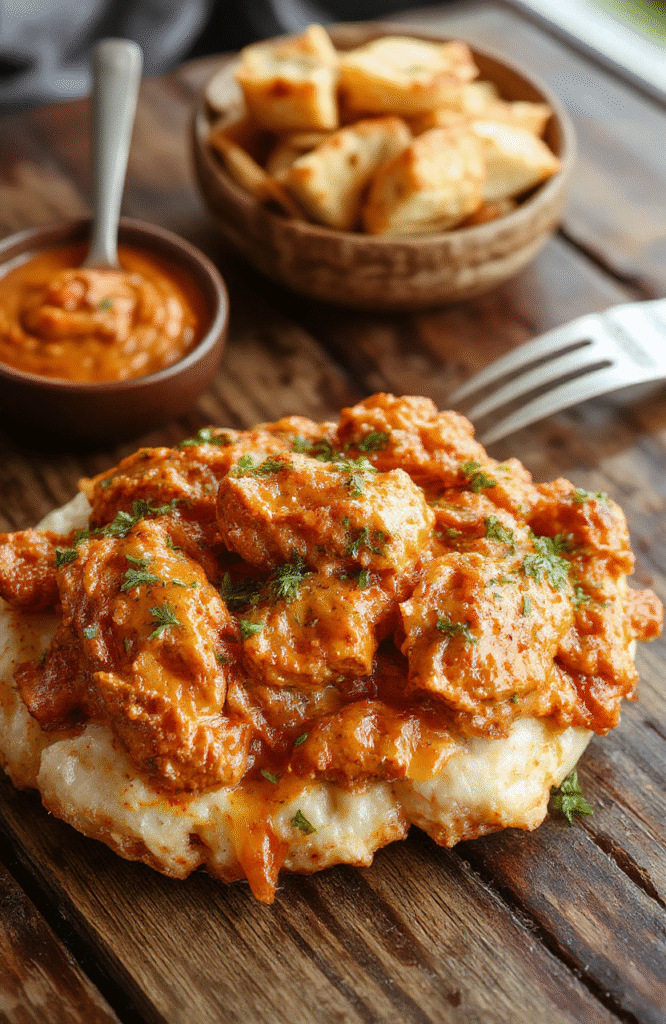 A vibrant bowl of butter chicken with rich, creamy orange sauce, garnished with fresh cilantro, paired with fluffy steamed rice and naan on a rustic wooden table, styled with natural light, showcasing textures and inviting colors.