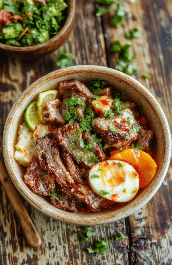 Colorful steak fajita bowl featuring grilled sliced steak, vibrant bell peppers and onions, garnished with fresh cilantro, served in a rustic bowl, topped with lime wedges, with a backdrop of fresh ingredients, highlighting textures and vibrant colors.