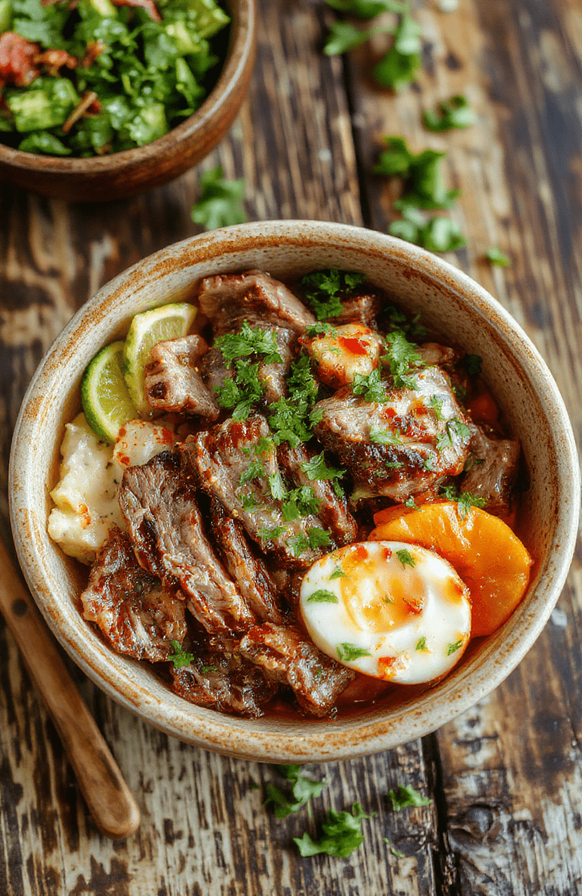 Colorful steak fajita bowl featuring grilled sliced steak, vibrant bell peppers and onions, garnished with fresh cilantro, served in a rustic bowl, topped with lime wedges, with a backdrop of fresh ingredients, highlighting textures and vibrant colors.