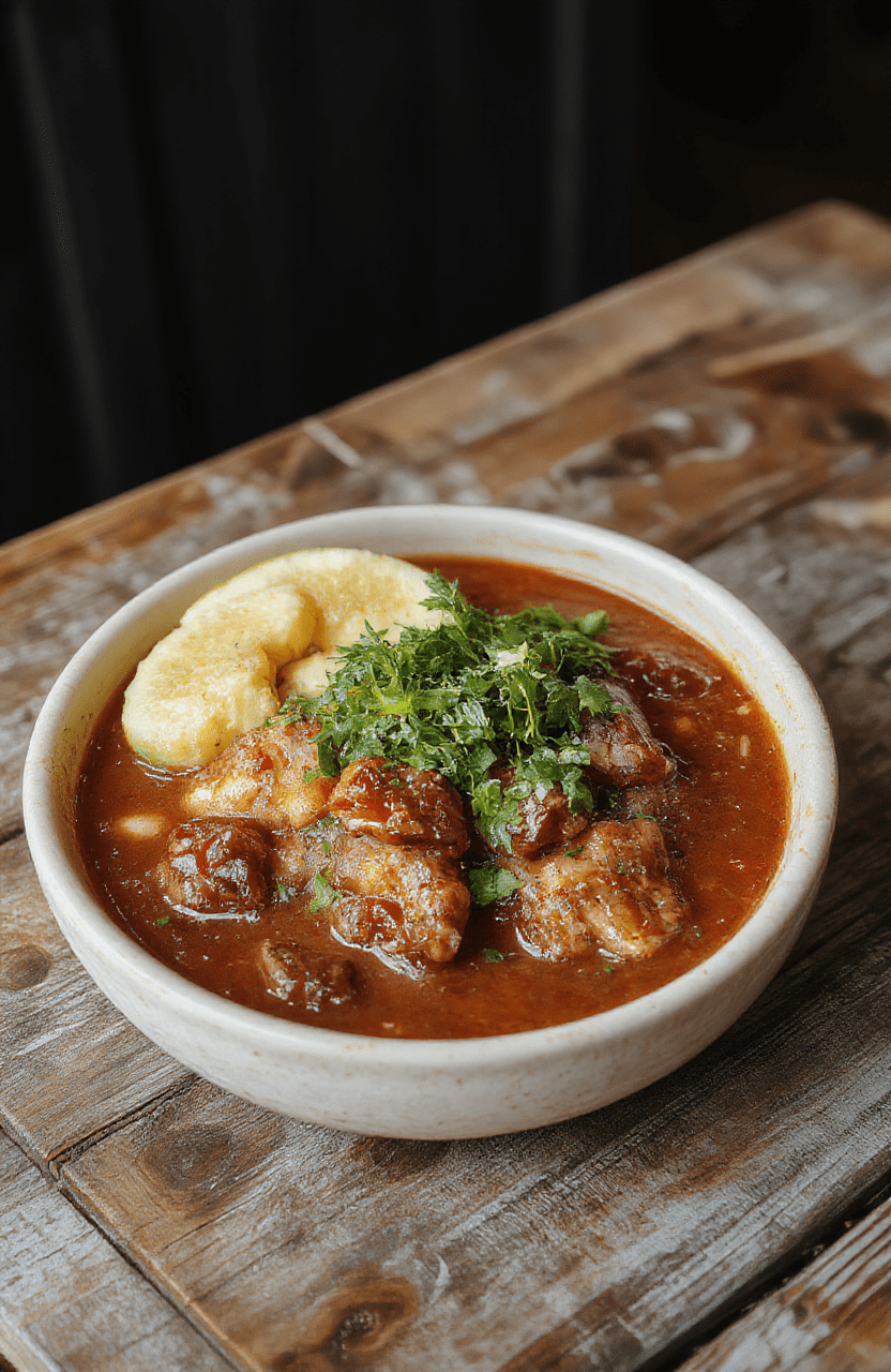 A vibrant bowl of Mexican Birria featuring tender shredded beef, rich red broth, garnished with fresh cilantro, lime wedges, and crispy tortillas on a rustic wooden table, with a colorful background adding to the appeal.