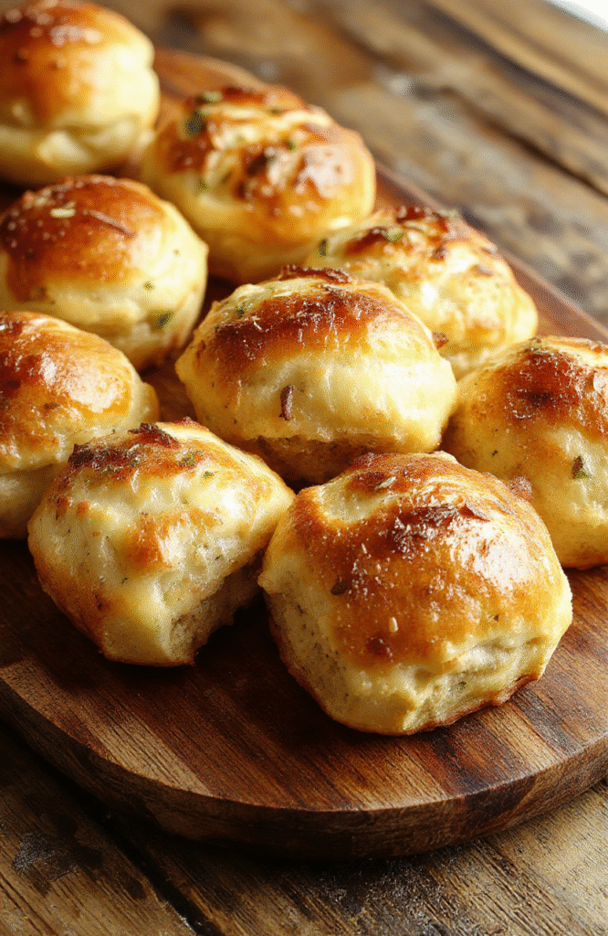 A close-up of fluffy garlic butter bread rolls arranged on a rustic wooden board. The rolls have a golden-brown crust with a glossy garlic butter glaze, garnished with fresh parsley. Steam rises gently from the soft, airy interior, creating an inviting and warm atmosphere, perfectly styled with a few scattered herbs and a knife nearby.