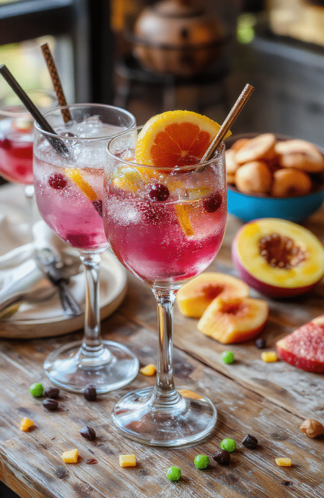 A vibrant glass filled with a colorful, bubbly drink topped with fresh fruit slices and a whimsical little witch-themed stirrer, styled with a fun, festive background of party decor and soft lighting.