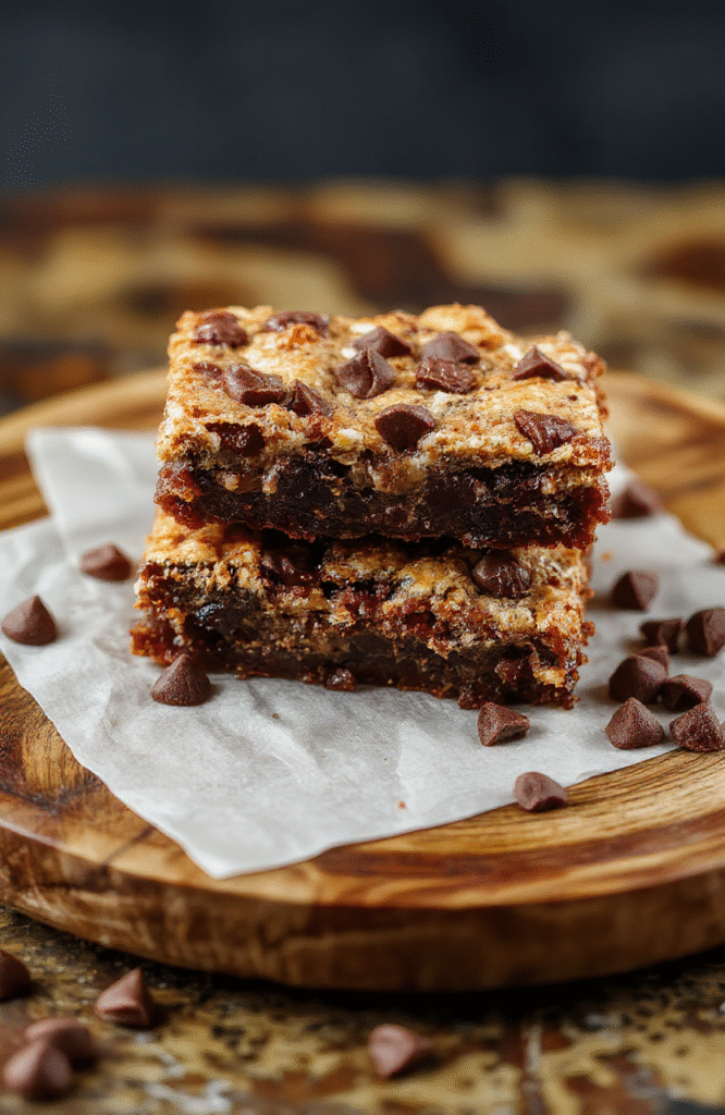 A close-up of a fudgy, chewy brookies layered beautifully on a rustic wooden plate, showcasing the rich chocolate and cookie textures, with a slightly cracked surface and gooey inside, styled with a few crumbs for a casual, inviting look.