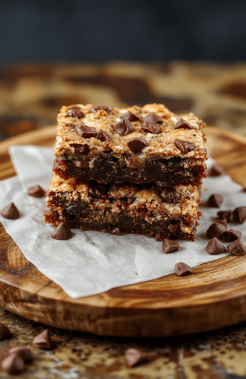 A close-up of a fudgy, chewy brookies layered beautifully on a rustic wooden plate, showcasing the rich chocolate and cookie textures, with a slightly cracked surface and gooey inside, styled with a few crumbs for a casual, inviting look.