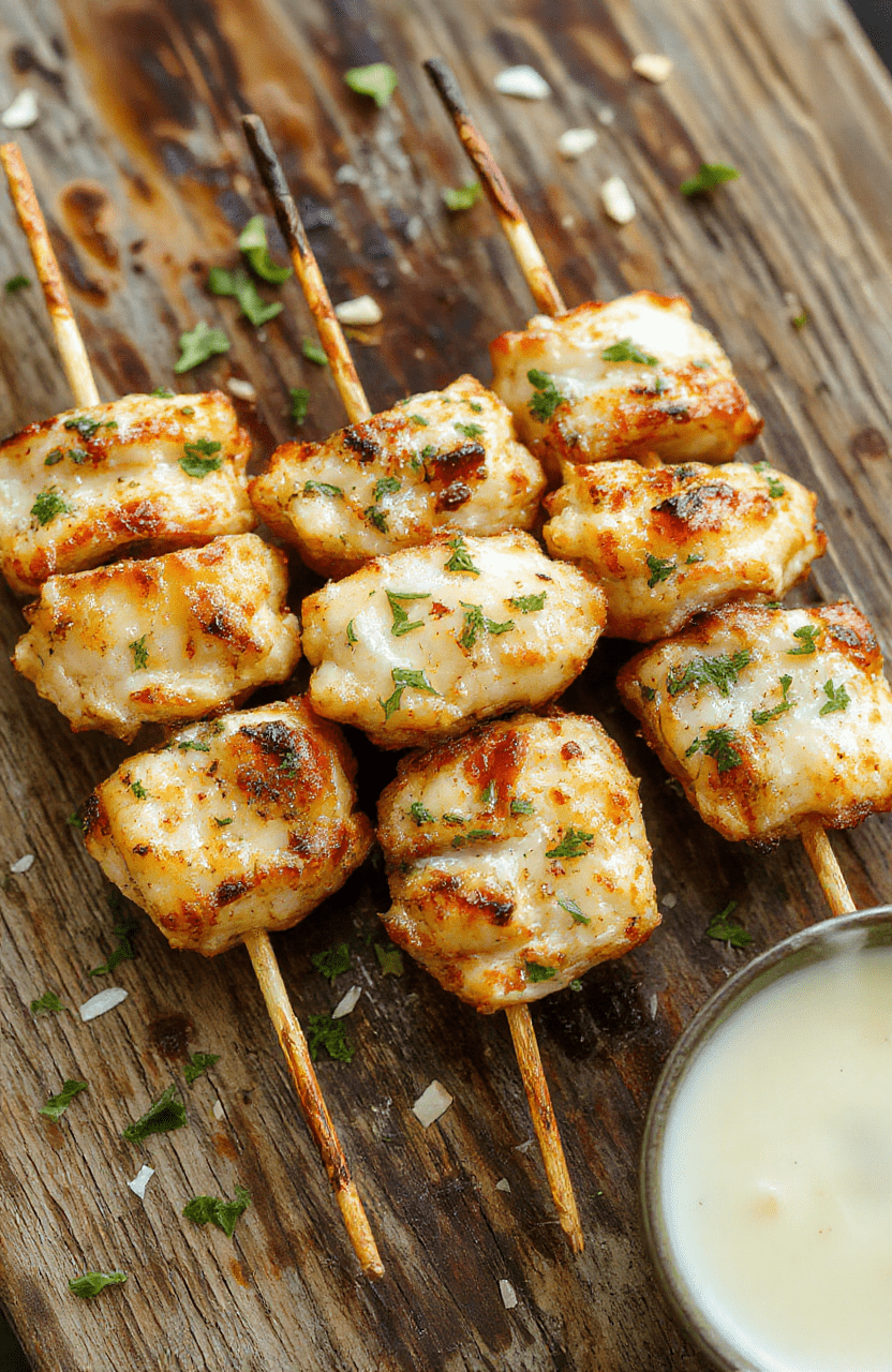 Colorful garlic parmesan chicken skewers arranged neatly on a white plate, garnished with fresh herbs. The skewers feature golden-brown grilled chicken pieces coated with parmesan and topped with minced garlic, with a side of vibrant vegetables for contrast, styled simply for an appetizing and inviting presentation.