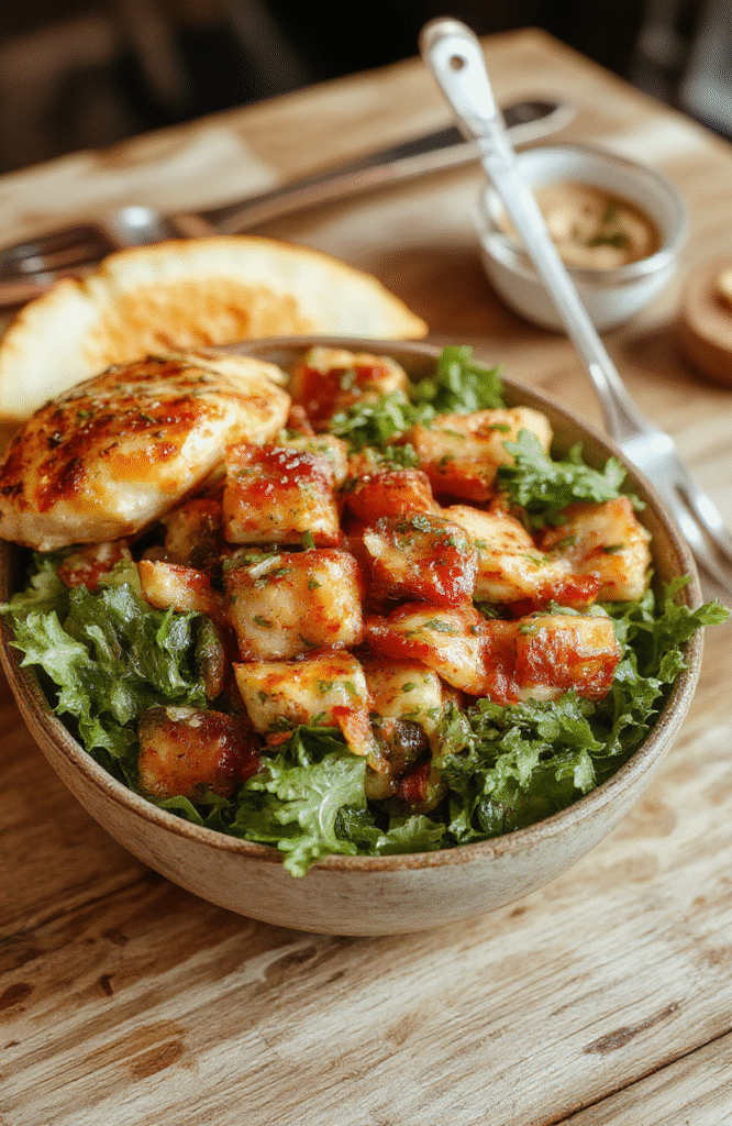 Bunte gebratene Nudeln mit knackigem Gemüse, zarten Hähnchenstücken und einer glänzenden Sojasauce, kunstvoll angerichtet in einer weißen Schüssel auf dunklem Holztisch, mit frischen Kräutern garniert.