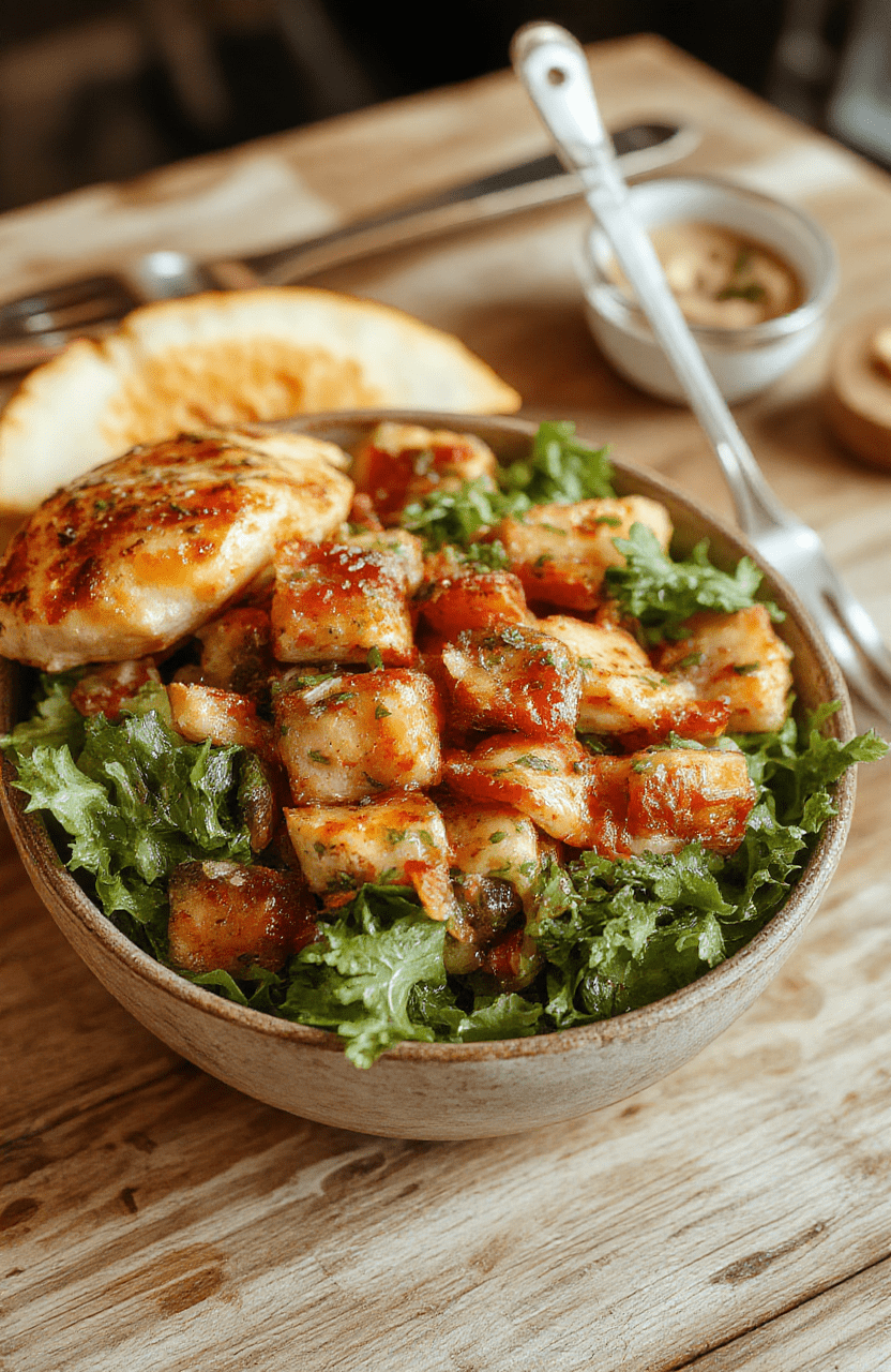 Bunte gebratene Nudeln mit knackigem Gemüse, zarten Hähnchenstücken und einer glänzenden Sojasauce, kunstvoll angerichtet in einer weißen Schüssel auf dunklem Holztisch, mit frischen Kräutern garniert.