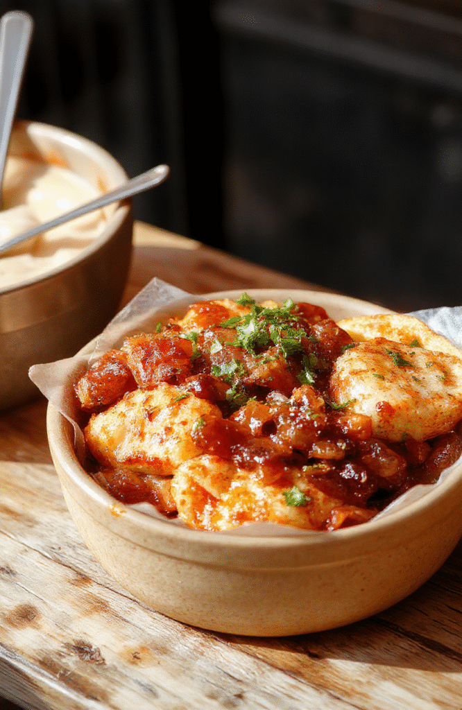 Buntes Gericht mit goldbraunen, gebratenen Nudeln, garnierte mit frischem Gemüse und einem weichgekochten Ei, ansprechende Porzellanschale auf Holzuntergrund, lebendige Farben, appetitlich und frisch.