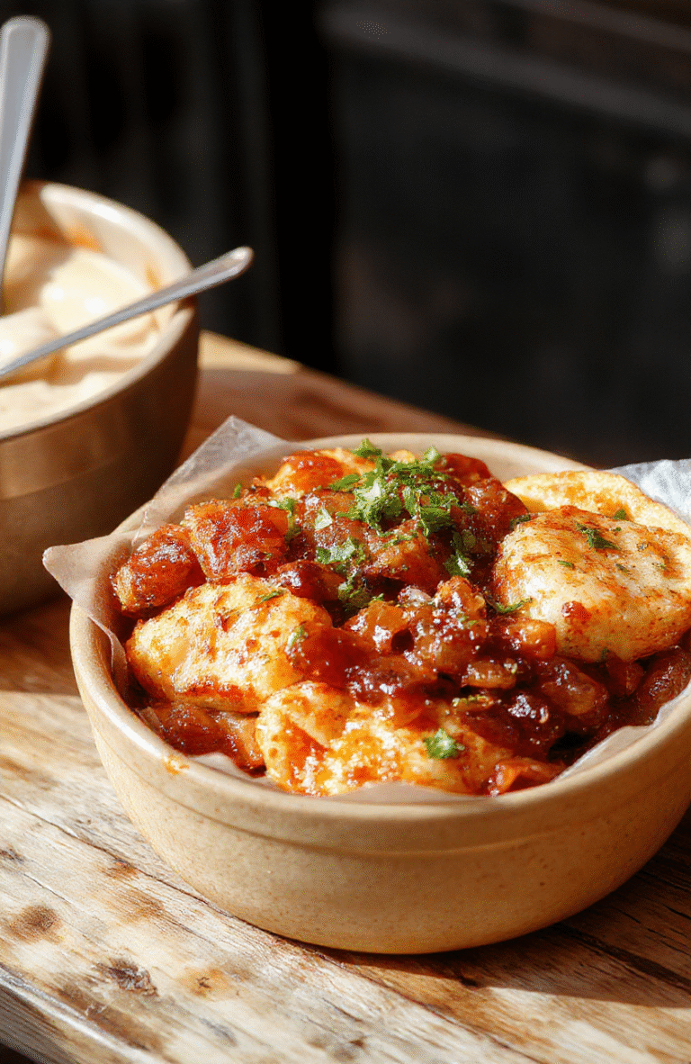 Buntes Gericht mit goldbraunen, gebratenen Nudeln, garnierte mit frischem Gemüse und einem weichgekochten Ei, ansprechende Porzellanschale auf Holzuntergrund, lebendige Farben, appetitlich und frisch.