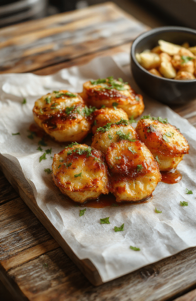 Goldbraune Brezeln mit einer knusprigen Oberfläche, gefüllt mit cremigem Schmand, zartem Schinken und geschmolzenem Käse, angerichtet auf einem rustikalen Holzbrett mit frischen Kräutern.
