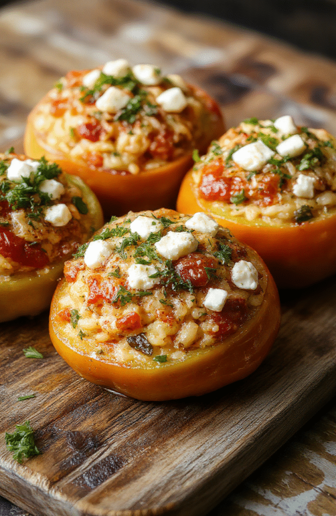 Bunte gefüllte Paprika auf einem weißen Teller, gefüllt mit cremigem Reis und zerbröckeltem Feta, hübsch angerichtet mit frischen Kräutern, die Textur ist saftig und cremig, mit einem leichten Glanz auf der Feta und der Paprika, stilvoll präsentiert auf einem rustikalen Holztisch.