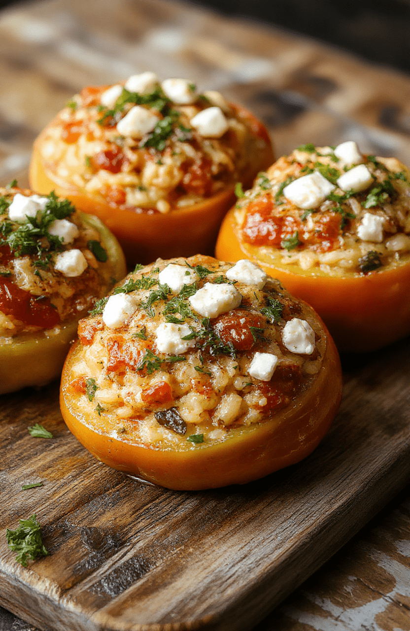 Bunte gefüllte Paprika auf einem weißen Teller, gefüllt mit cremigem Reis und zerbröckeltem Feta, hübsch angerichtet mit frischen Kräutern, die Textur ist saftig und cremig, mit einem leichten Glanz auf der Feta und der Paprika, stilvoll präsentiert auf einem rustikalen Holztisch.