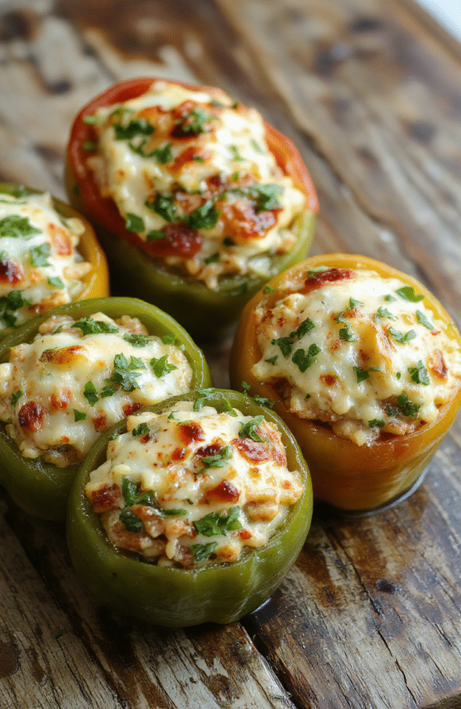 Bunte gefüllte Paprikaschoten auf einem rustikalen Holzteller, gefüllt mit einer cremigen Mischung aus Reis, Käse und Gemüse, leicht gebräunt oben, frische Kräuter dekorativ darüber, appetitlich und einladend