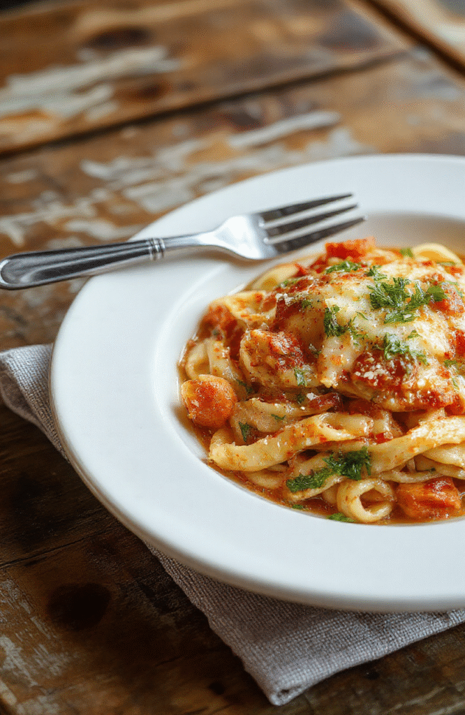 Bunte Gemüse-Pasta auf einem weißen Teller, glatte Nudeln, goldbrauner Feta oben, frische Kräuter, helles Licht, ansprechend angerichtet, rustikale Kreation