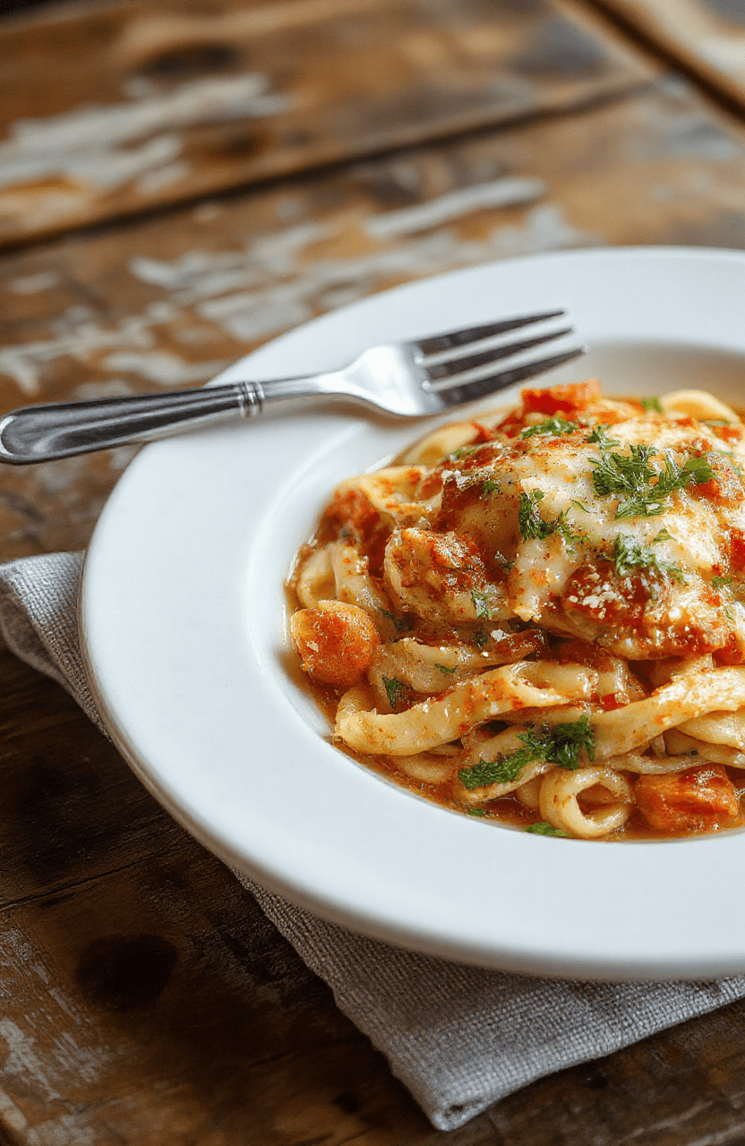 Bunte Gemüse-Pasta auf einem weißen Teller, glatte Nudeln, goldbrauner Feta oben, frische Kräuter, helles Licht, ansprechend angerichtet, rustikale Kreation