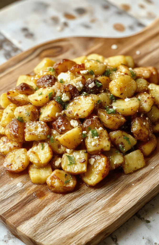 Bunte, knusprige Kartoffeln, die mit zerbröseltem Feta und fein gehacktem Knoblauch bedeckt sind, elegant auf einem weißen Teller angerichtet, mit frischen Kräutern garniert, in warmem Licht gehalten, die Texturen der goldbraunen Röstkartoffeln und die cremige Feta-Schicht sind deutlich sichtbar
