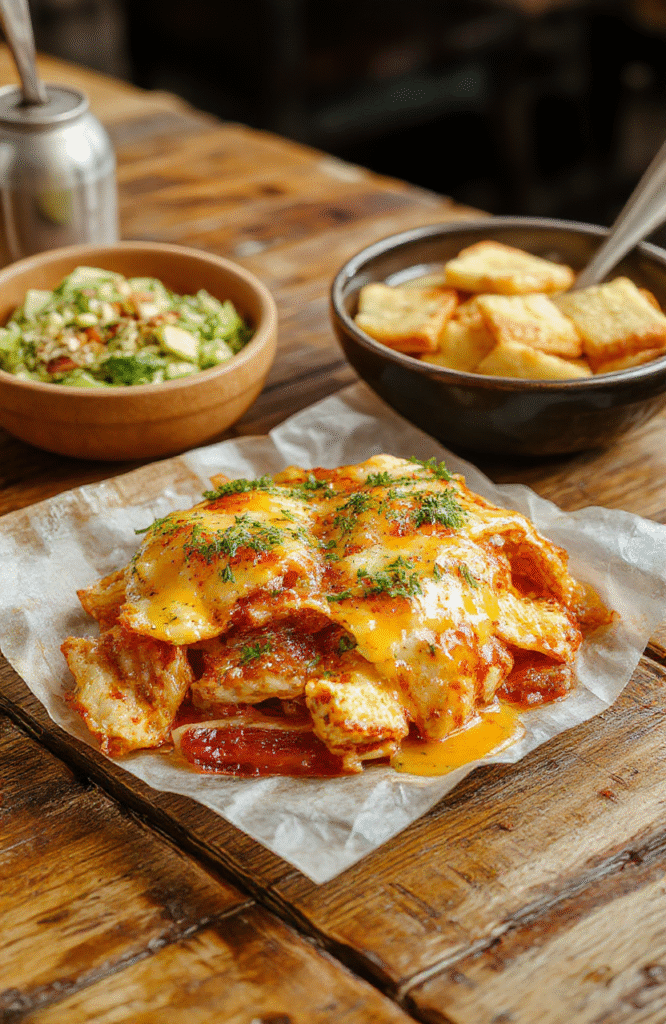Bunte geröstete Tomaten in einer weißen Schüssel, garniert mit frischem Basilikum, auf einem Holzbrett, mit leichter Ölschicht und rauer Textur, appetitlich angerichtet.