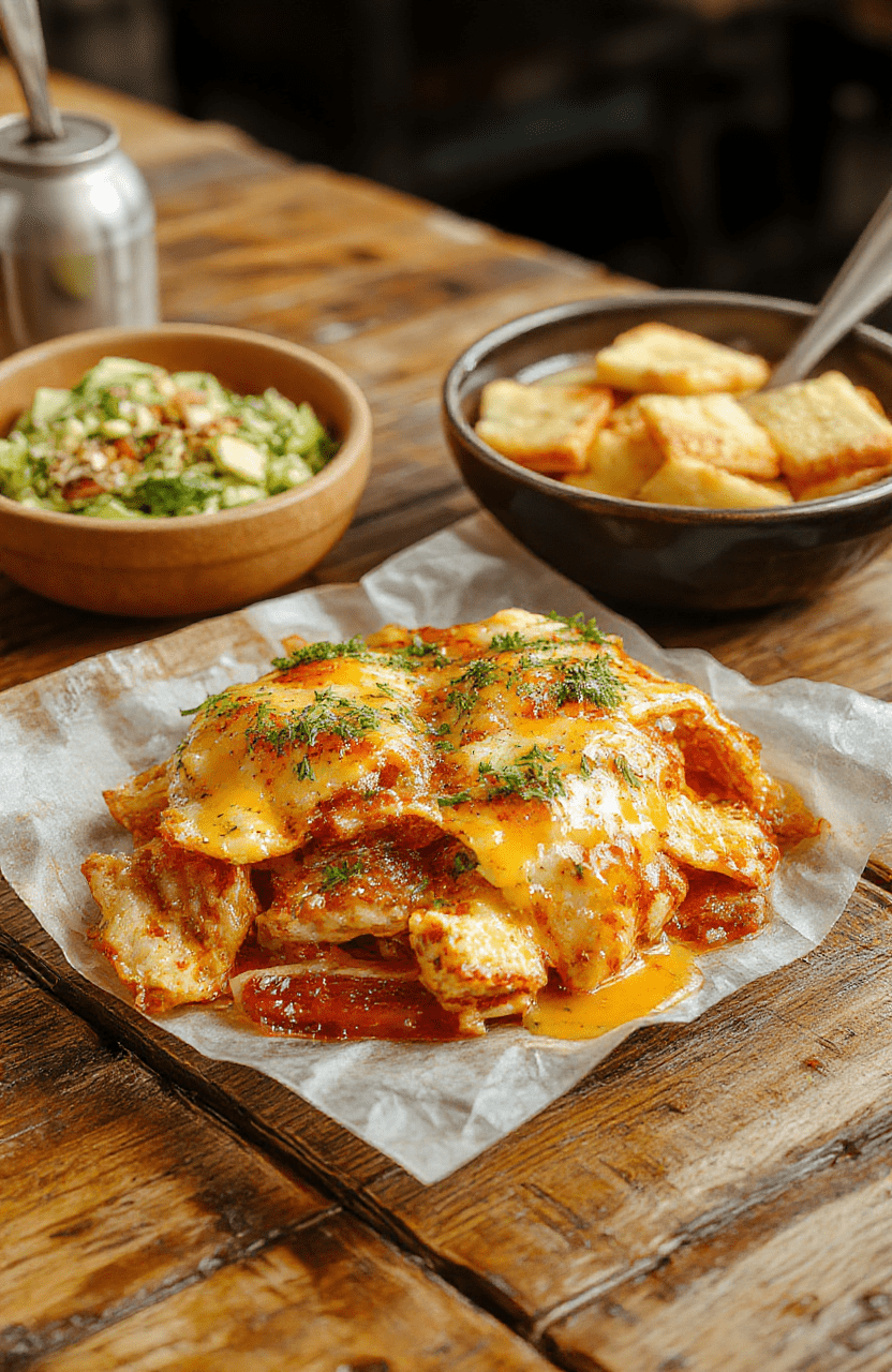 Bunte geröstete Tomaten in einer weißen Schüssel, garniert mit frischem Basilikum, auf einem Holzbrett, mit leichter Ölschicht und rauer Textur, appetitlich angerichtet.