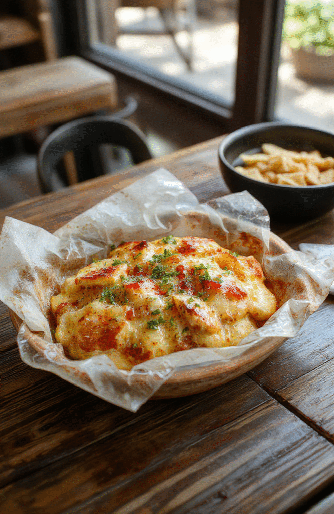 Bunter Teller mit saftigen Hähnchenmedaillons in cremiger Pilzrahmsauce, garniert mit frischen Kräutern, auf einem eleganten weißen Teller, umgeben von knackigem Gemüse und Pilzen, alles schön angerichtet und appetitlich.